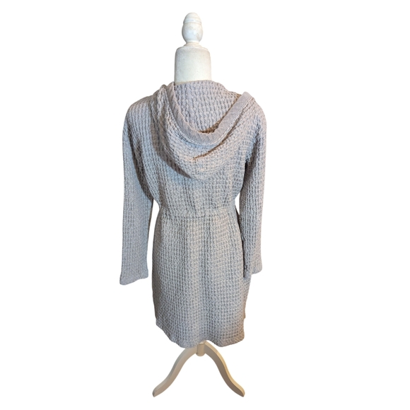 Mododoc Waffle Knit Hooded Gray Long Cardigan Duster Jacket Cinch Waist Size M - Picture 6 of 8